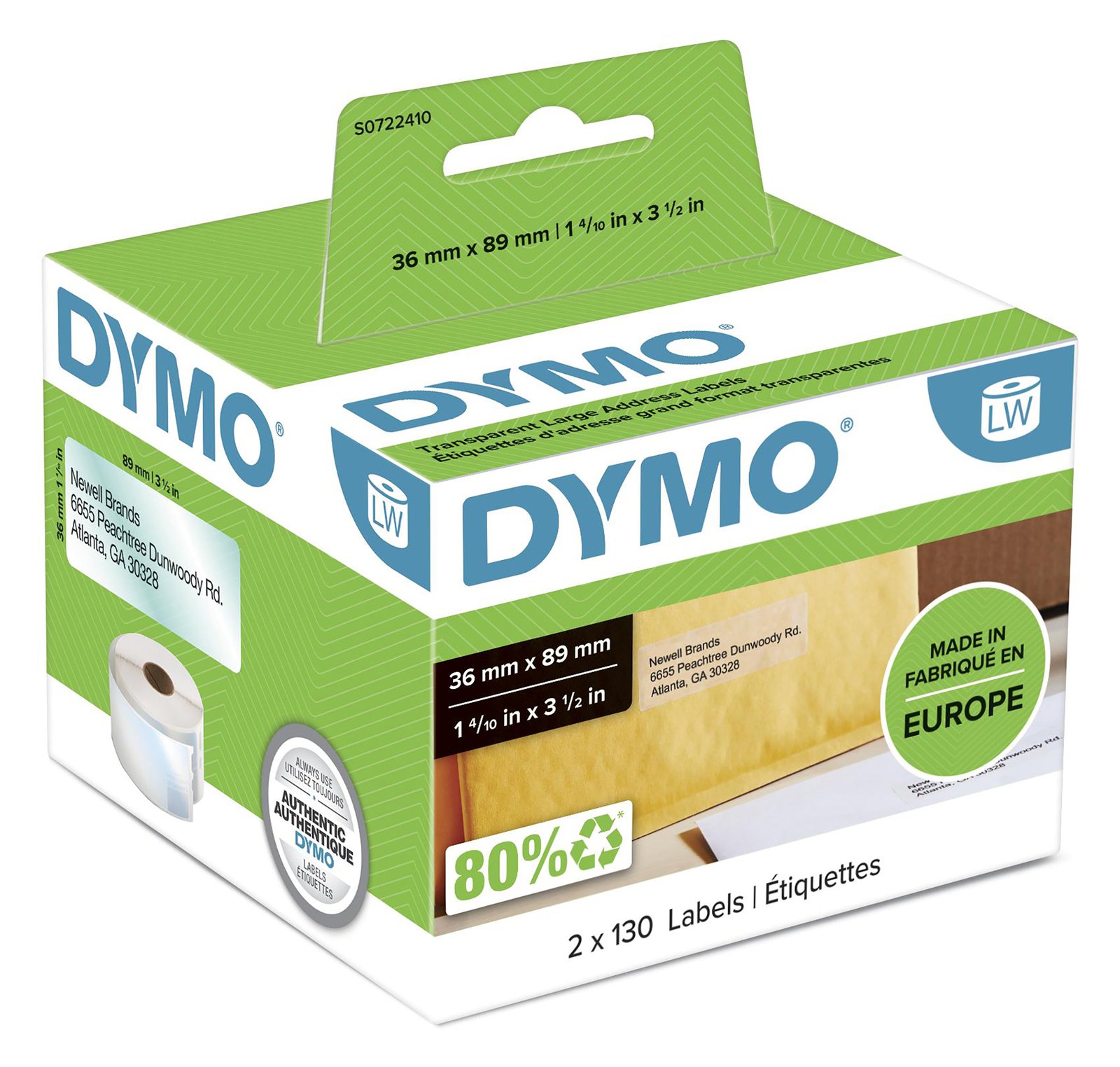 Dymo LabelWriter - Kunststoff - permanenter Klebstoff - durchsichtig - 36 x 89 mm 260 Etikett(en) (1 Rolle(n)