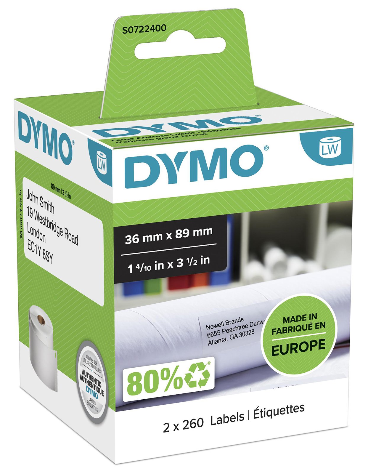 Dymo LabelWriter - Papier - permanenter Klebstoff - weiß - 36 x 89 mm 520 Etikett(en) (2 Rolle(n)
