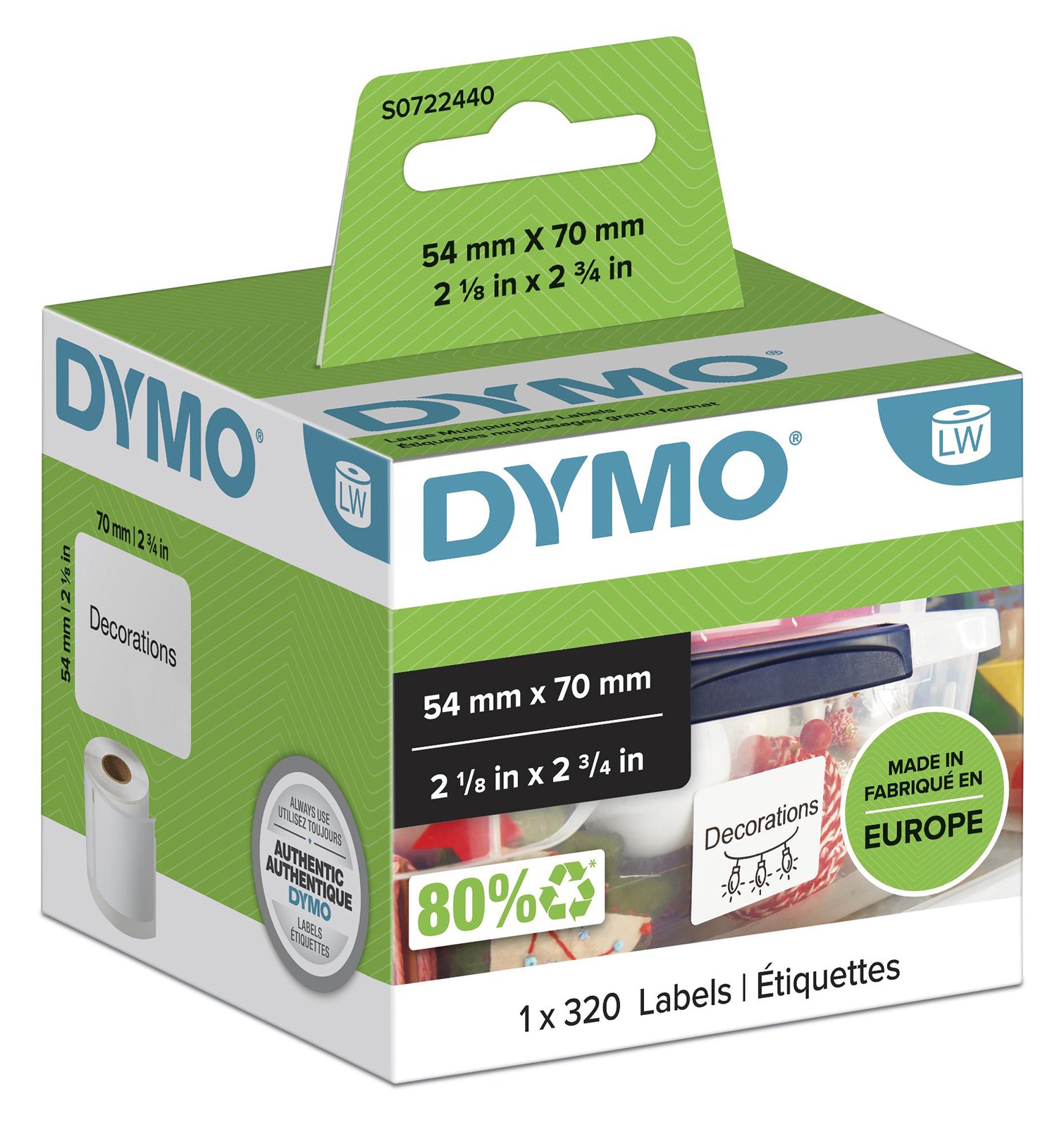 Dymo LabelWriter MultiPurpose - Papier - permanenter Klebstoff - weiß - 54 x 70 mm 320 Etikett(en) (1 Rolle(n)