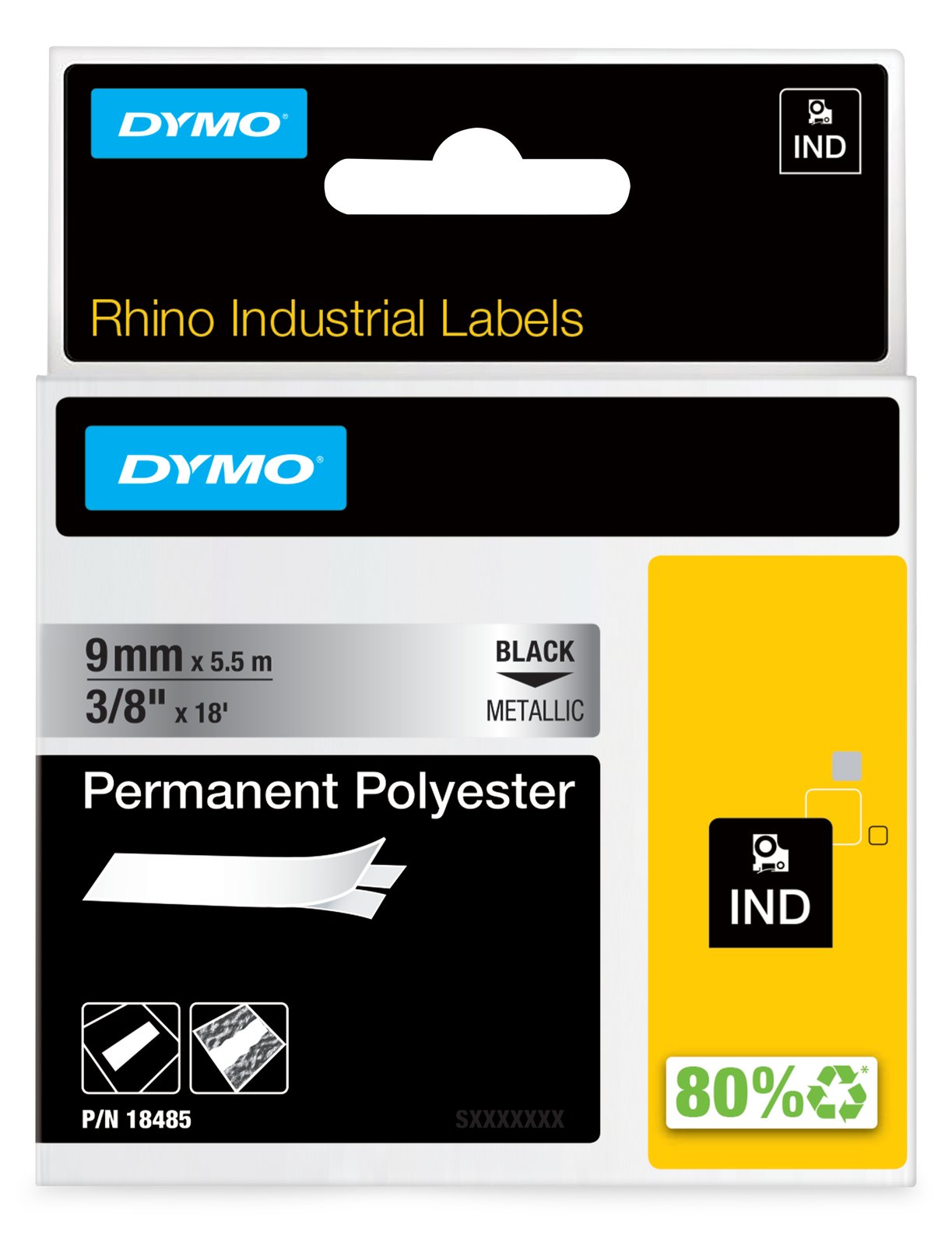 Dymo Polyester - permanenter Klebstoff - Schwarz auf Silber - Rolle (0,9 cm x 5,5 m)