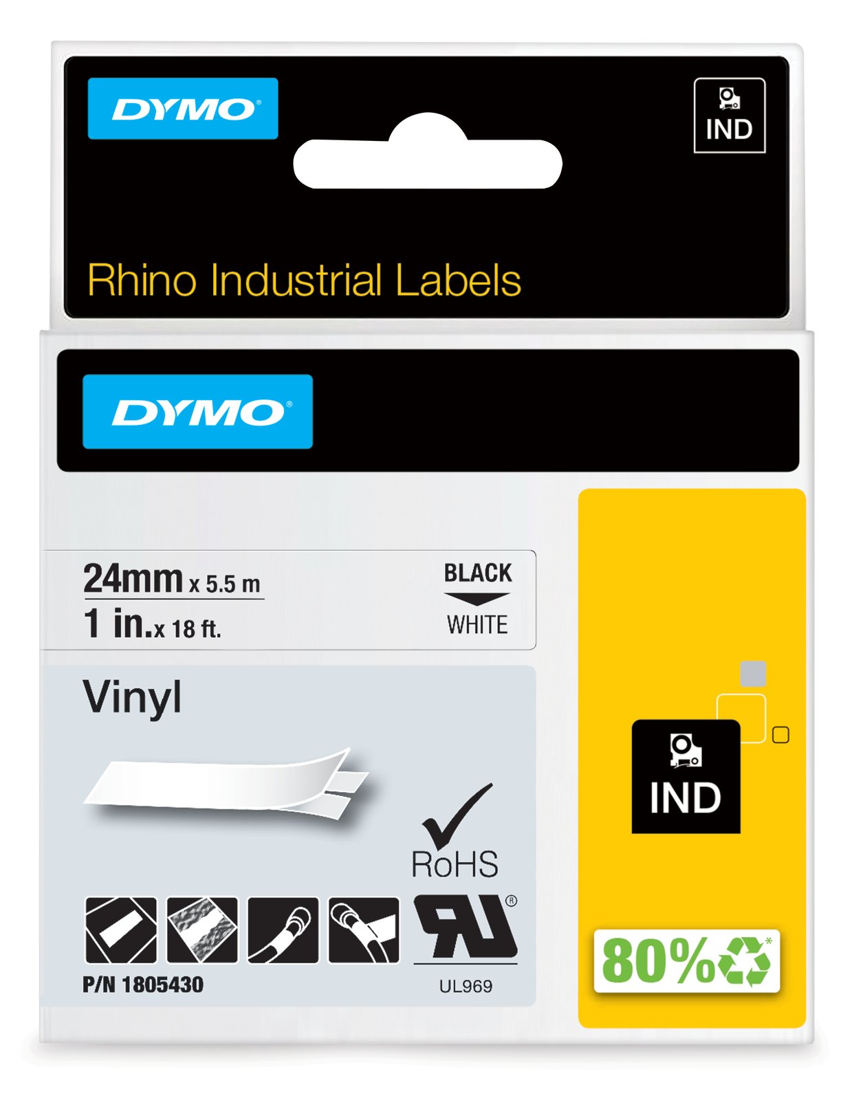 Dymo Rhino Coloured Vinyl - Vinyl - Schwarz auf Weiß - Rolle (2,54 cm x 5,5 m)