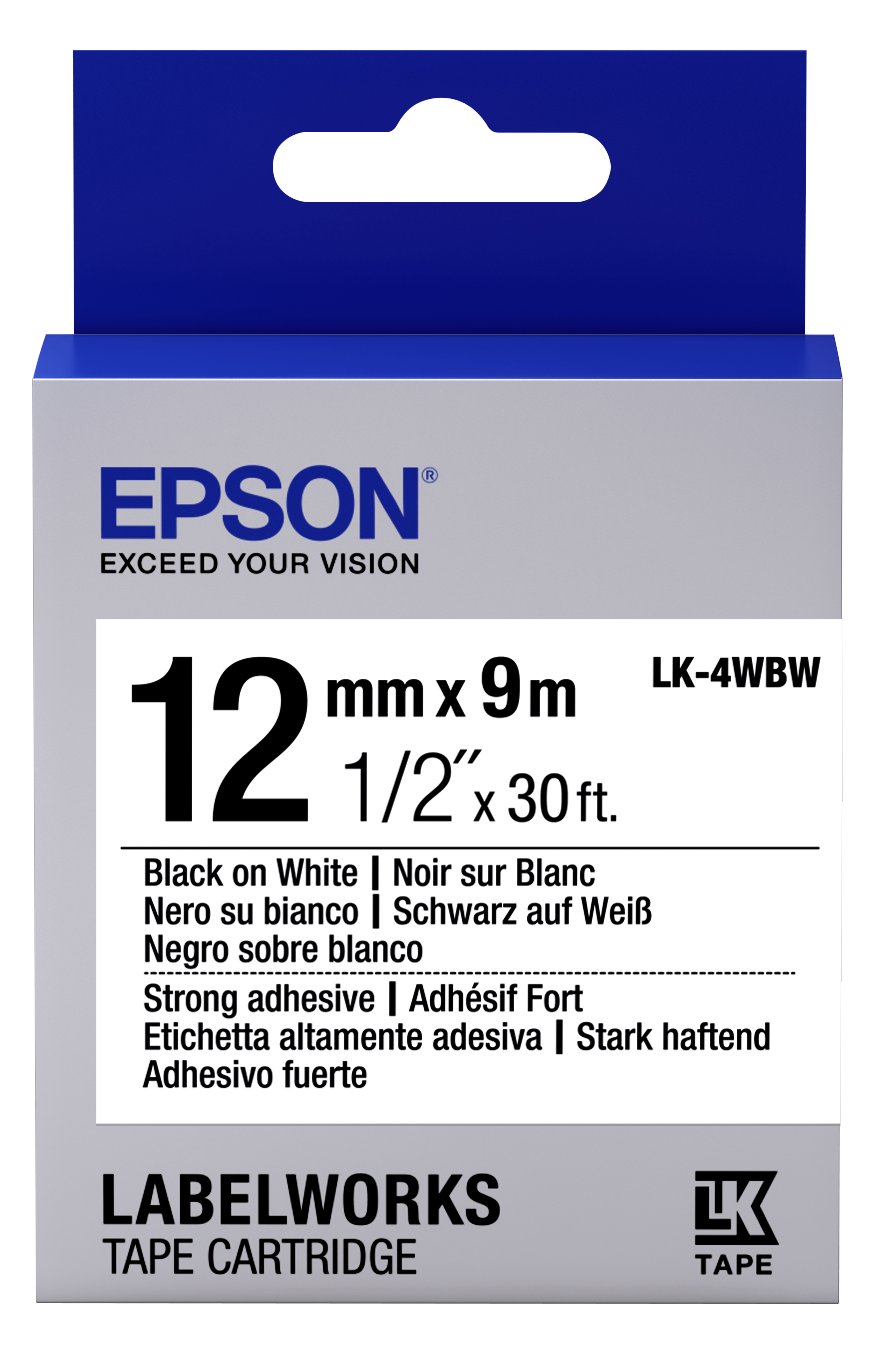 Epson LabelWorks LK-4WBW - Stark klebend - Schwarz auf Weiß - Rolle (1,2 cm x 9 m)