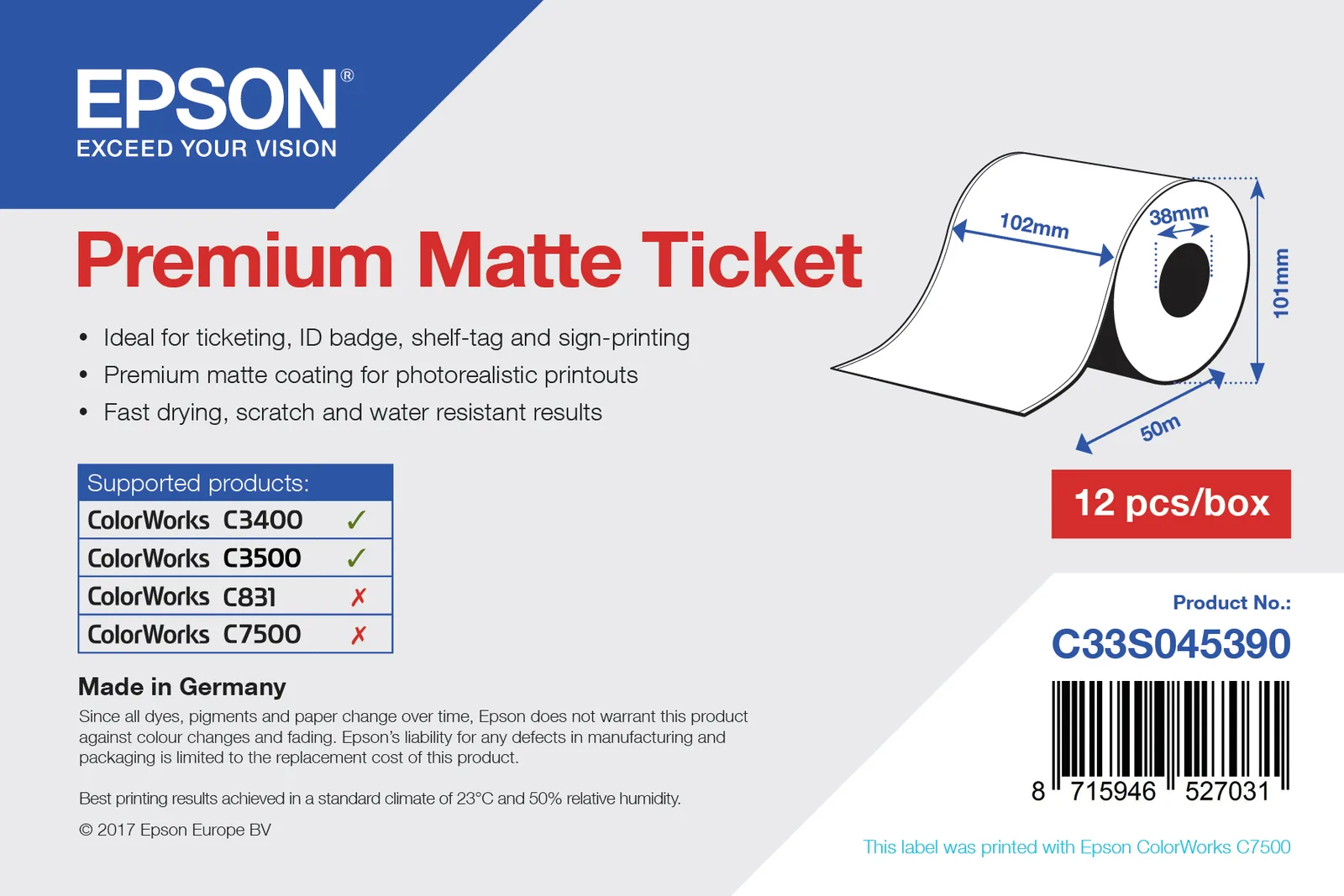 Epson Premium - Matt - Rolle (10,2 cm x 50 m) 1 Rolle(n) Tickets, Ansicht 2