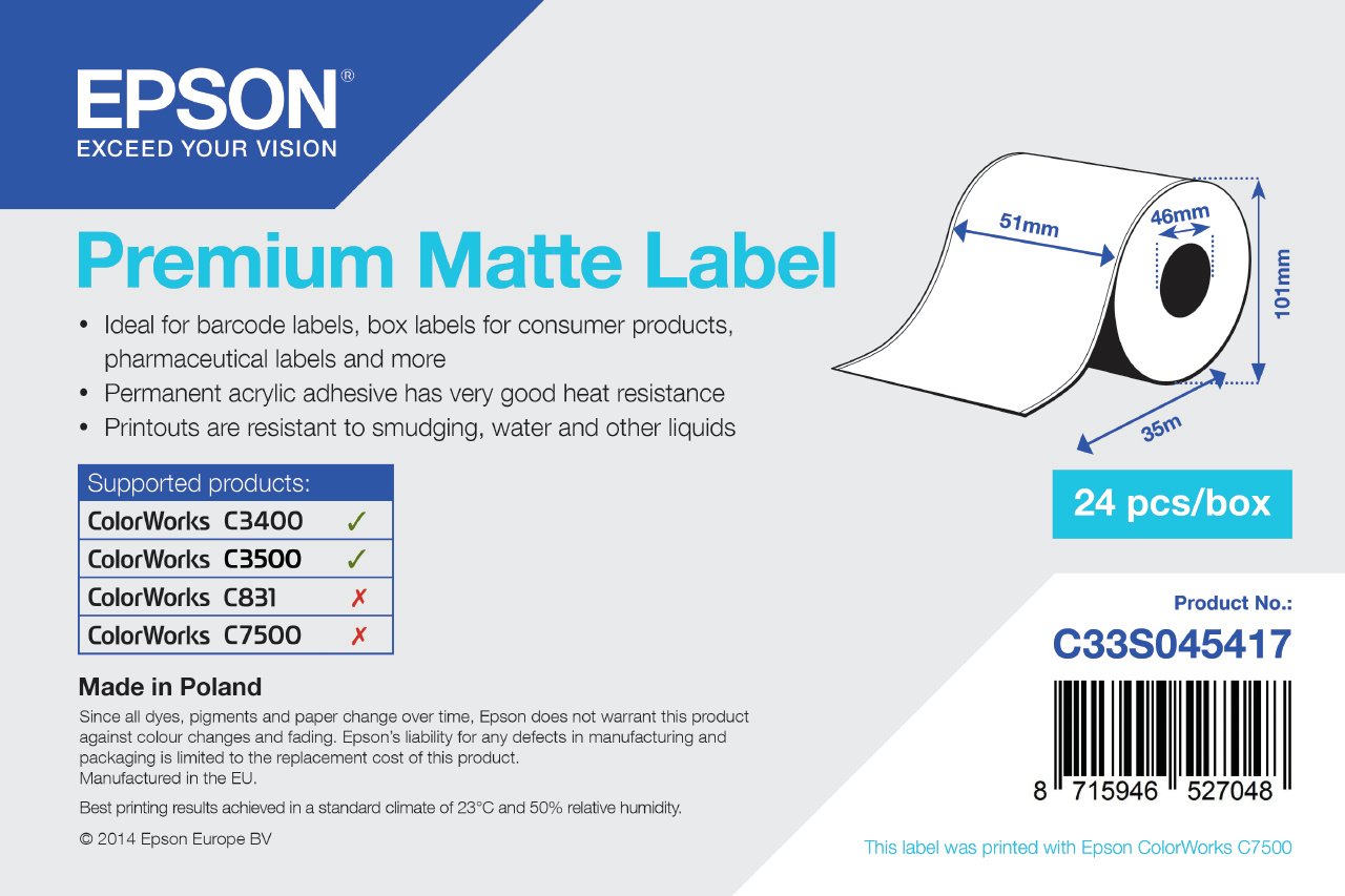 Epson Premium - Matt - Rolle (5,1 cm x 35 m) 1 Rolle(n) Etiketten-Endlospapier - für Epson TM-C3400-LT; ColorWorks CW von LumaTech
