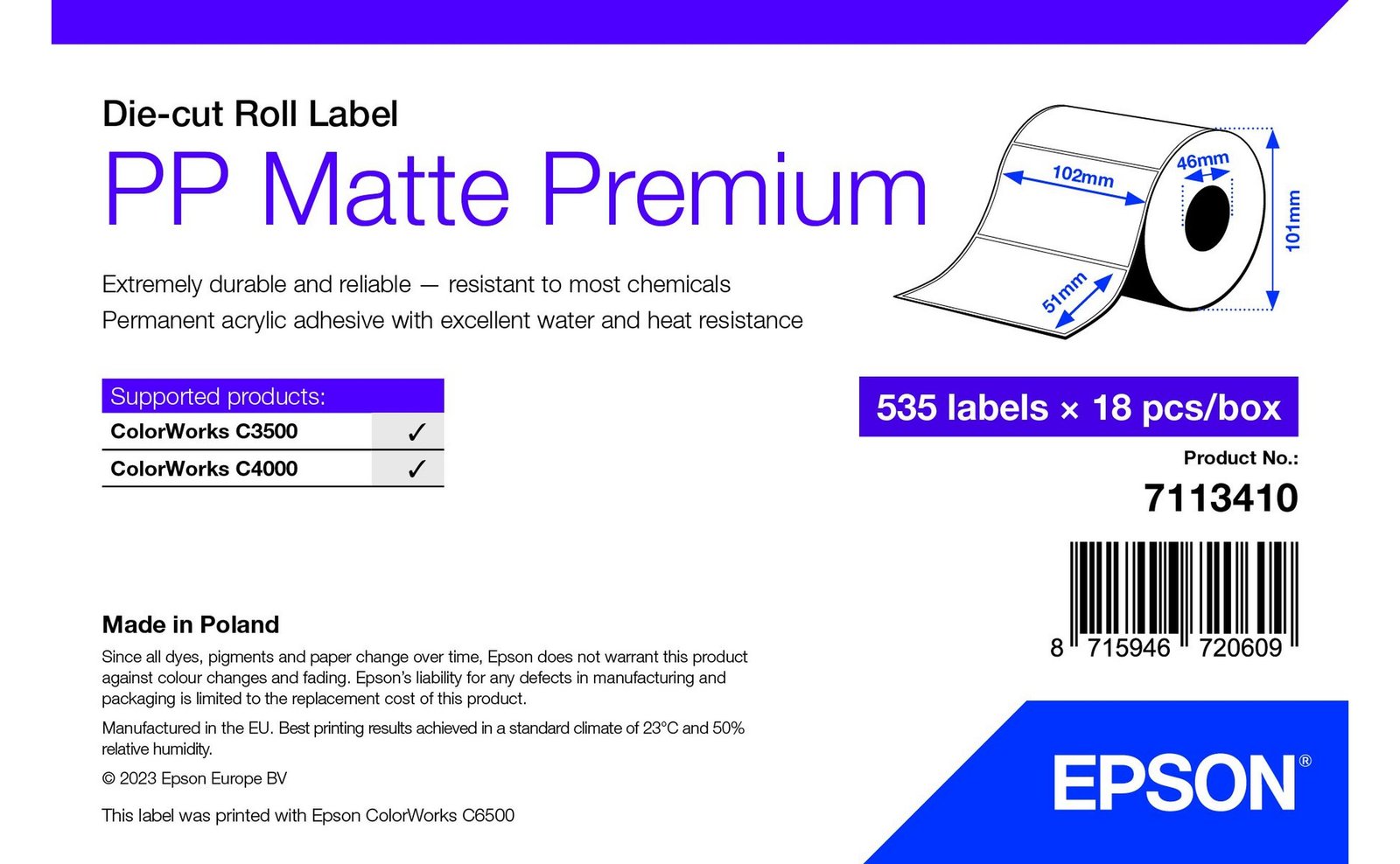 Epson Premium - Polypropylen (PP) - matt - permanenter Acrylklebstoff - 102 x 51 mm 9630 Etikett(en) (18 Rolle(n) von LumaTech