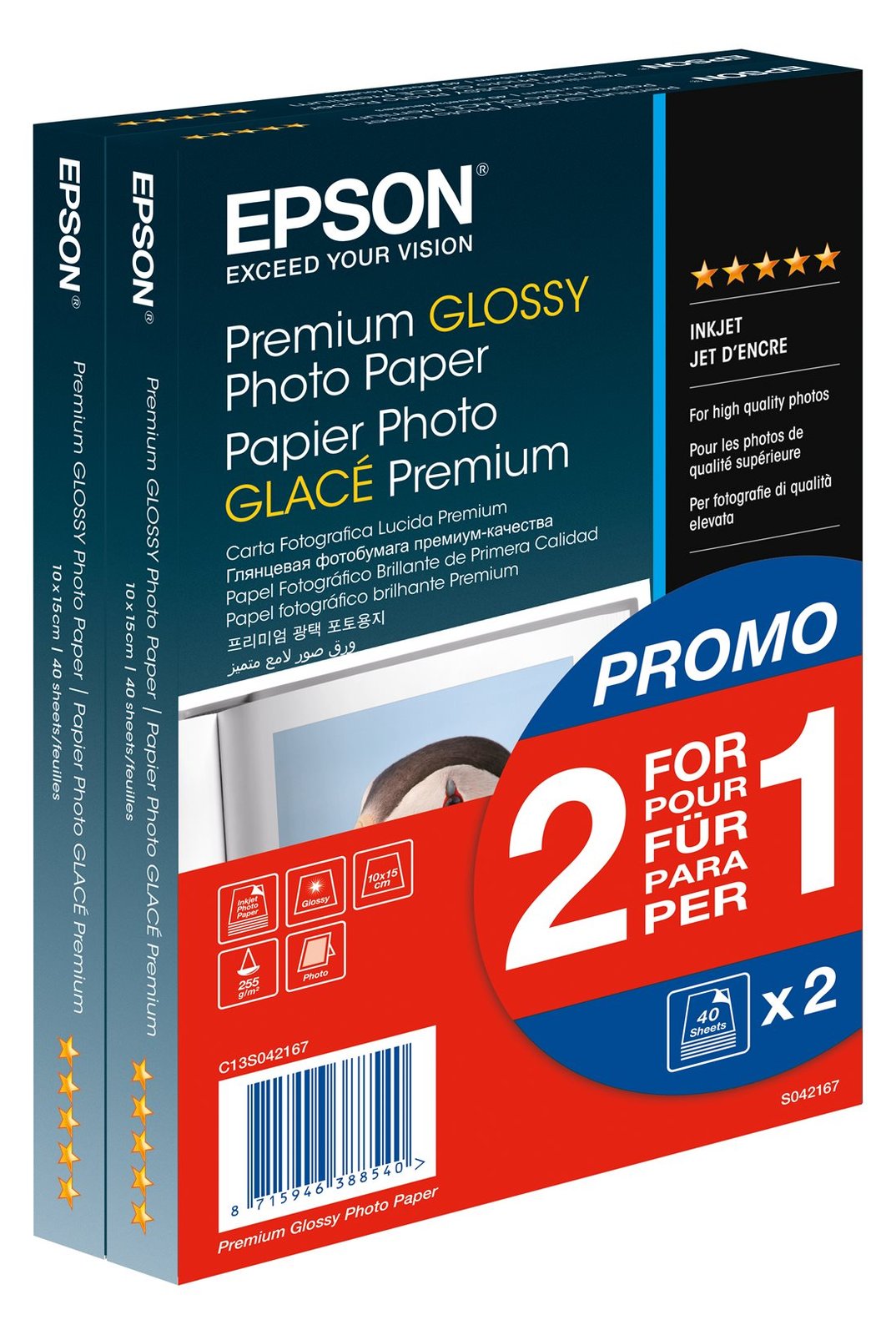 Epson Premium Glossy Photo Paper BOGOF - Glänzend - 100 x 150 mm - 255 g/m² - 40 Blatt Fotopapier (Packung mit 2)