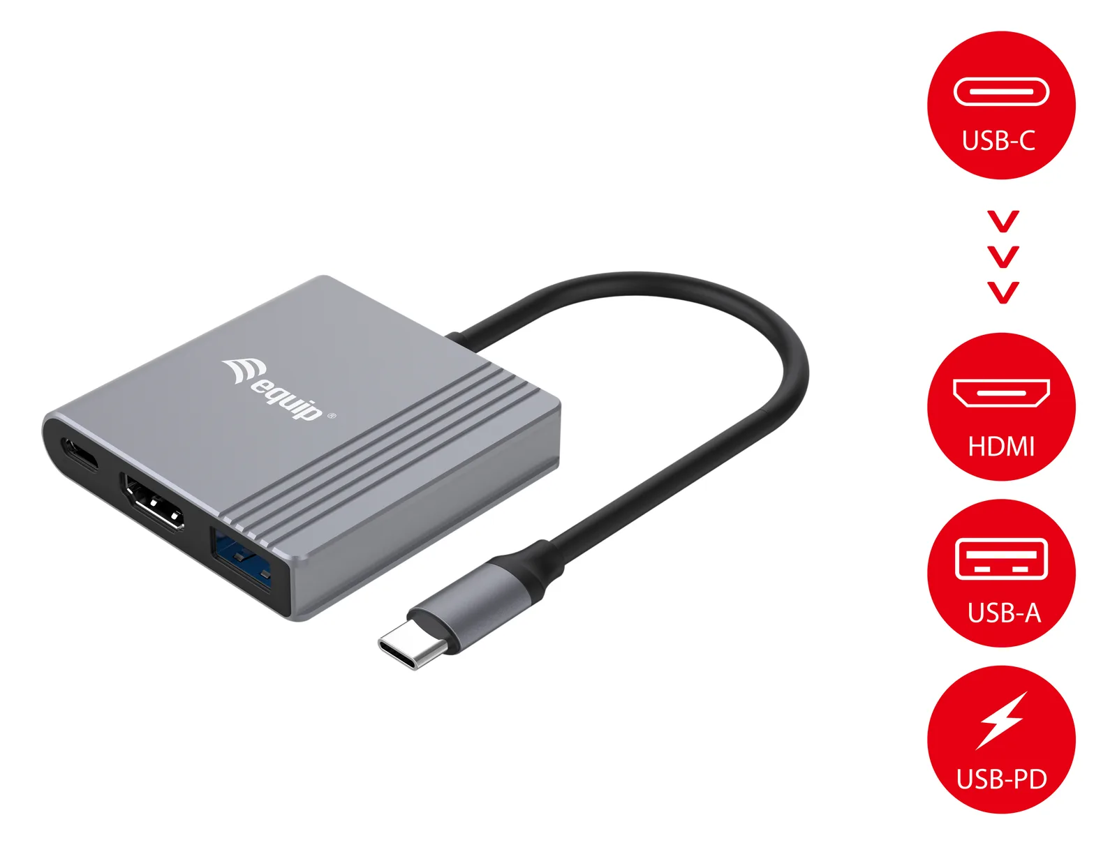 Equip 3-in-1-USB-C-zu-HDMI-/USB-A-/USB-PD-Adapter - 3.2 Gen 1 (3.1 Gen 1) - USB Typ-C - HDMI-Ausgang - 3840 x 2160 Pixel, Ansicht 2