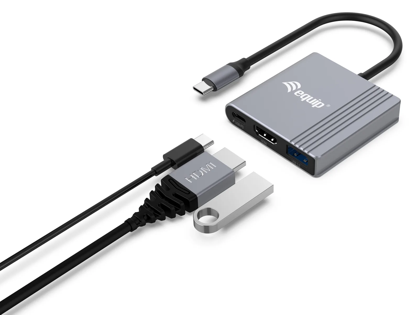 Equip 3-in-1-USB-C-zu-HDMI-/USB-A-/USB-PD-Adapter - 3.2 Gen 1 (3.1 Gen 1) - USB Typ-C - HDMI-Ausgang - 3840 x 2160 Pixel, Ansicht 3