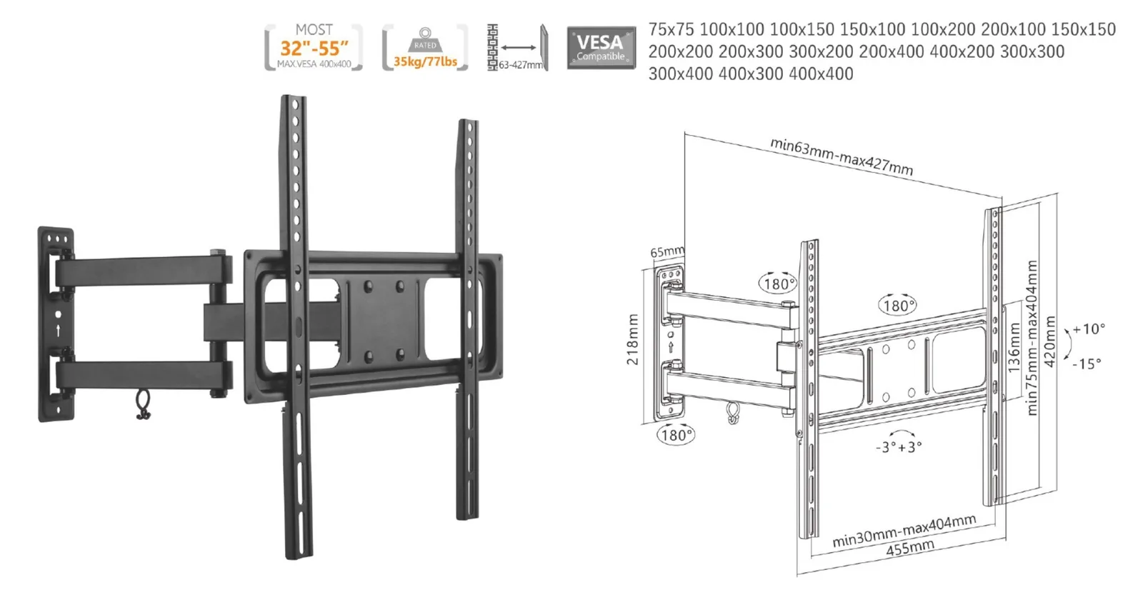 Equip Halterung - Voll beweglich - für LCD-Display / Curved LCD-Display - stainless steel - Schwarz - 81.3-139.7 cm, Ansicht 2