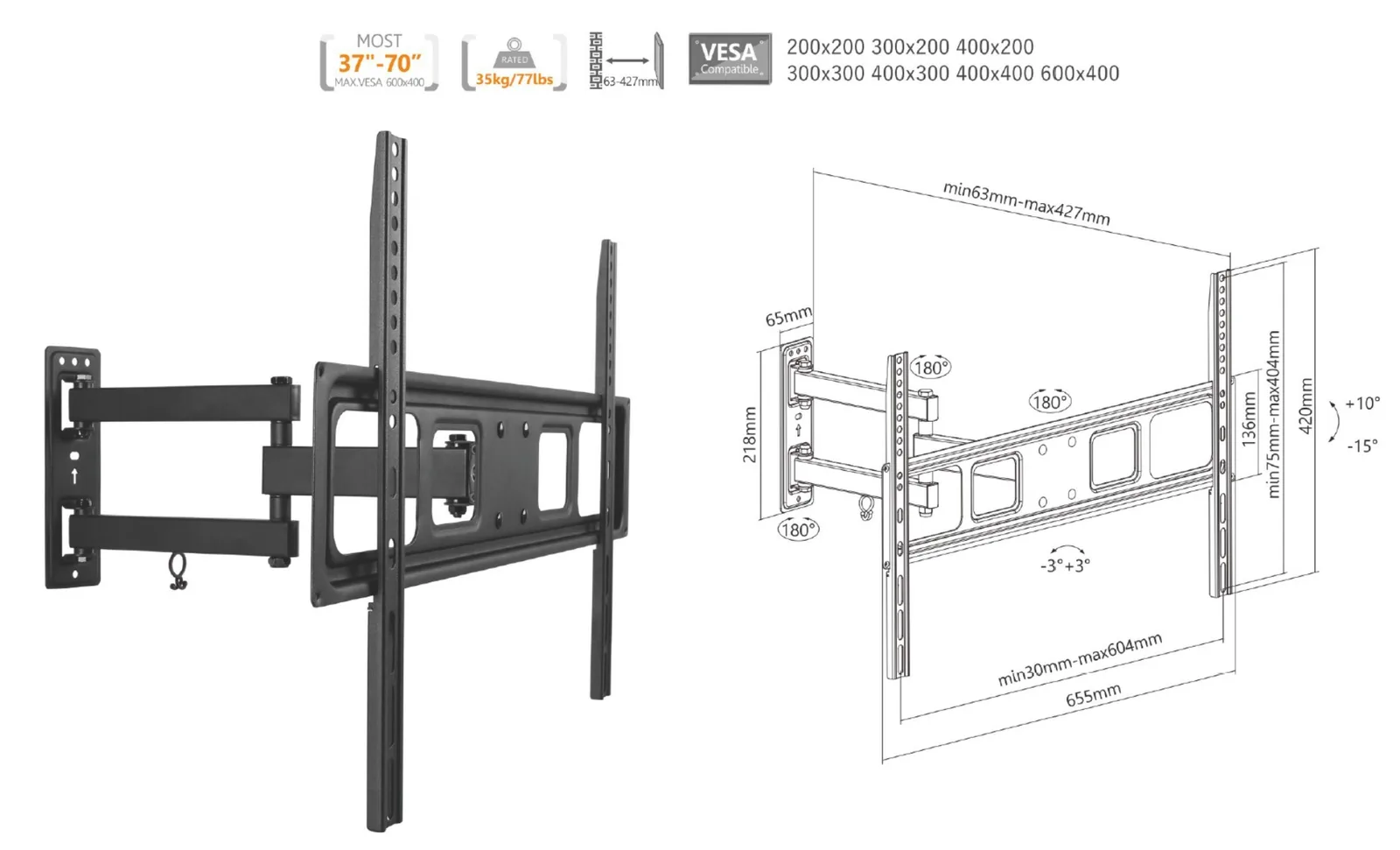 Equip Halterung - Voll beweglich - LCD-Display / Curved LCD-Display - stainless steel - Schwarz - 94-177.8 cm (37-70), Ansicht 2