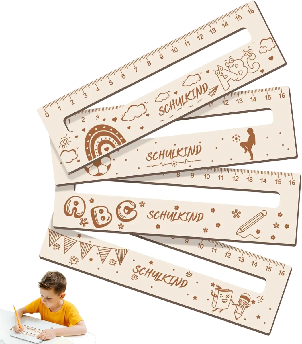 Lesezeichen Holz Lineal 16 cm, 4 Stück Lesehilfe Kinder 1 Klasse zur Einschulung, 2-in-1 Lesehilfe und Lineal für Schulkind Personalisiert, Geschenke für Mädchen und Jungen zum Schulanfang