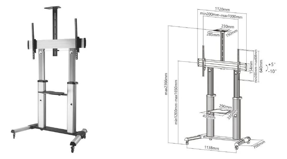 Equip Pro - Wagen - für LCD TV - Kunststoff, Aluminium, Stahl - Schwarz, Silber - Größe: 152.4-254 cm (60-100), Ansicht 5