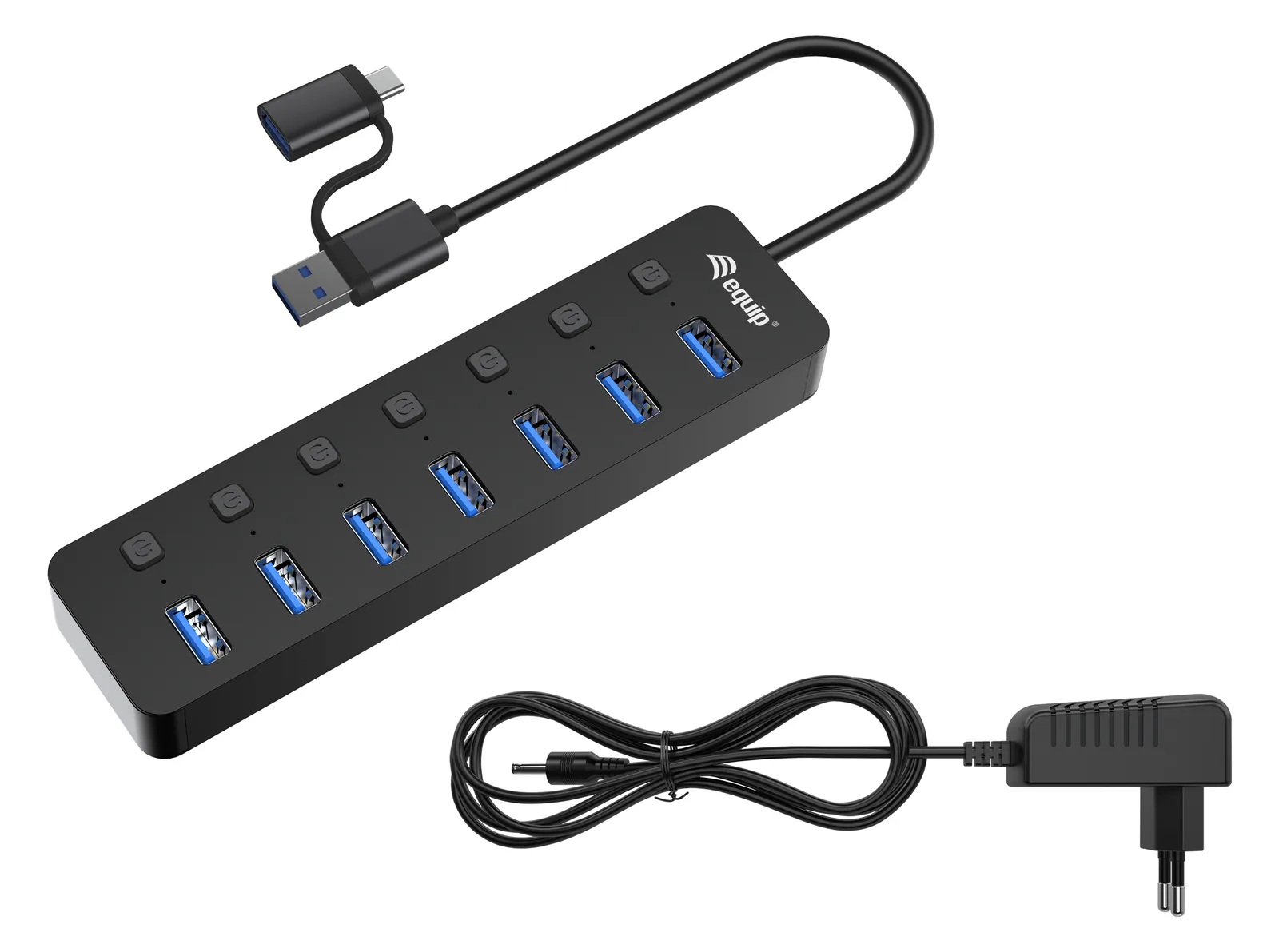 Equip USB-Hub 7-Port 3.2 ->7x3.2 5Gbps m.Netzteil sw, Ansicht 2
