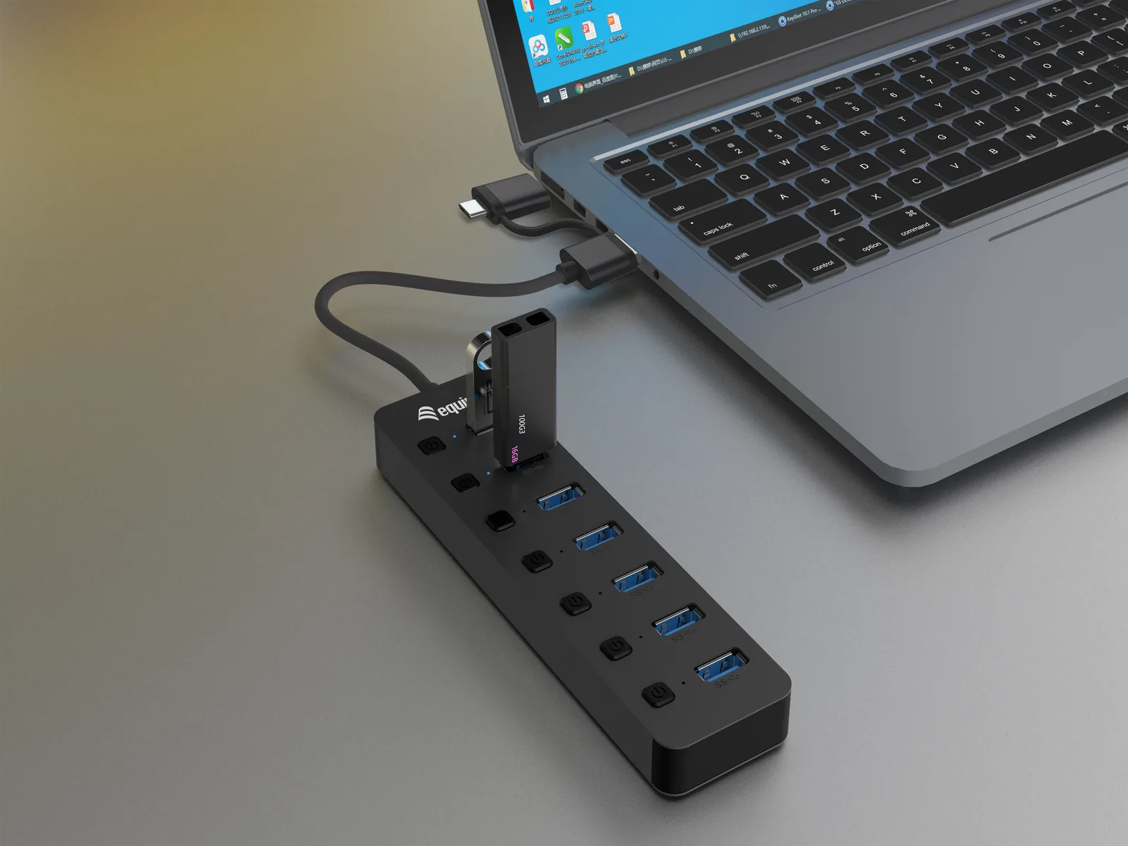 Equip USB-Hub 7-Port 3.2 ->7x3.2 5Gbps m.Netzteil sw, Ansicht 3