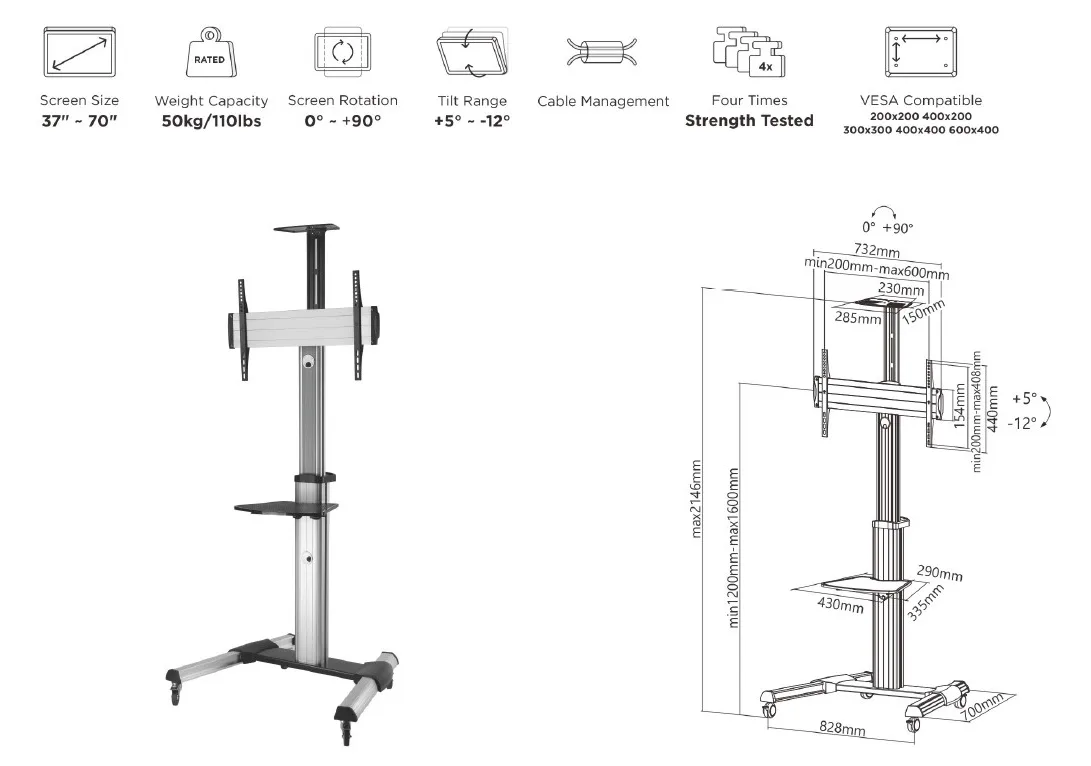 Equip Wagen für flat panel / AV equipment - Aluminium - Bildschirmgröße: 94-177.8 cm (37-70), Ansicht 4