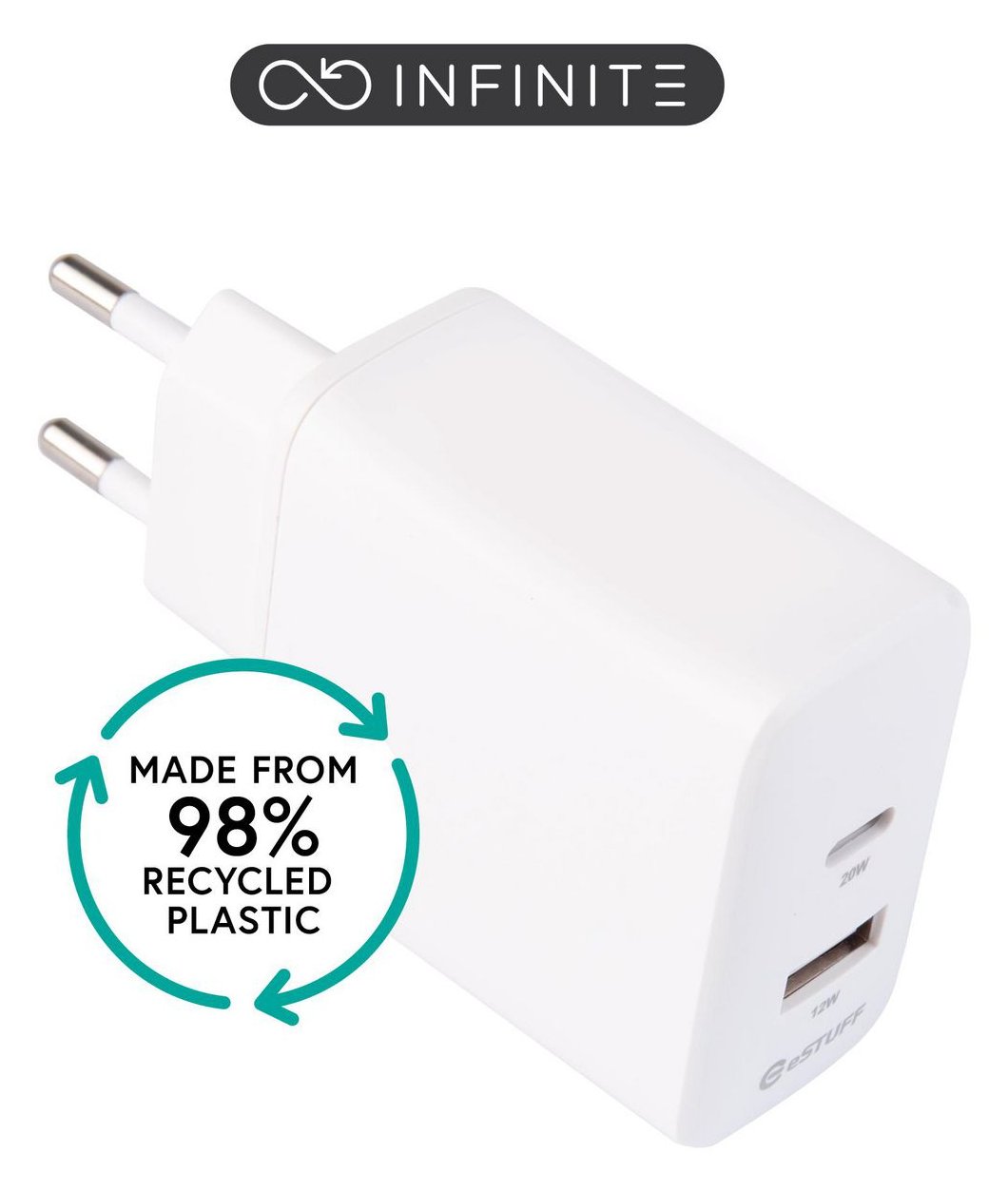 eSTUFF INFINITE - Netzteil - 100 % recycelter Kunststoff - 32 Watt - 3 A - 2 Ausgänge (USB Typ A, 24 pin USB-C)