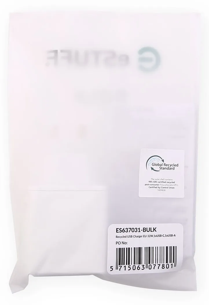 eSTUFF INFINITE - Netzteil - 100 % recycelter Kunststoff - 32 Watt - 3 A - 2 Ausgänge (USB Typ A, 24 pin USB-C), Ansicht 4