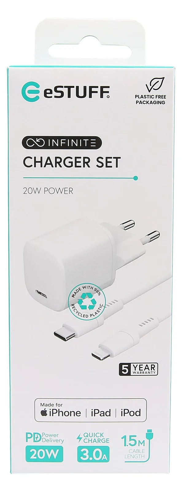 eSTUFF INFINITE - Netzteil - EU-Stecker, Kabel USB-C auf USB-C, 1,5 m - 20 Watt - 3 A - PD (24 pin USB-C), Ansicht 2