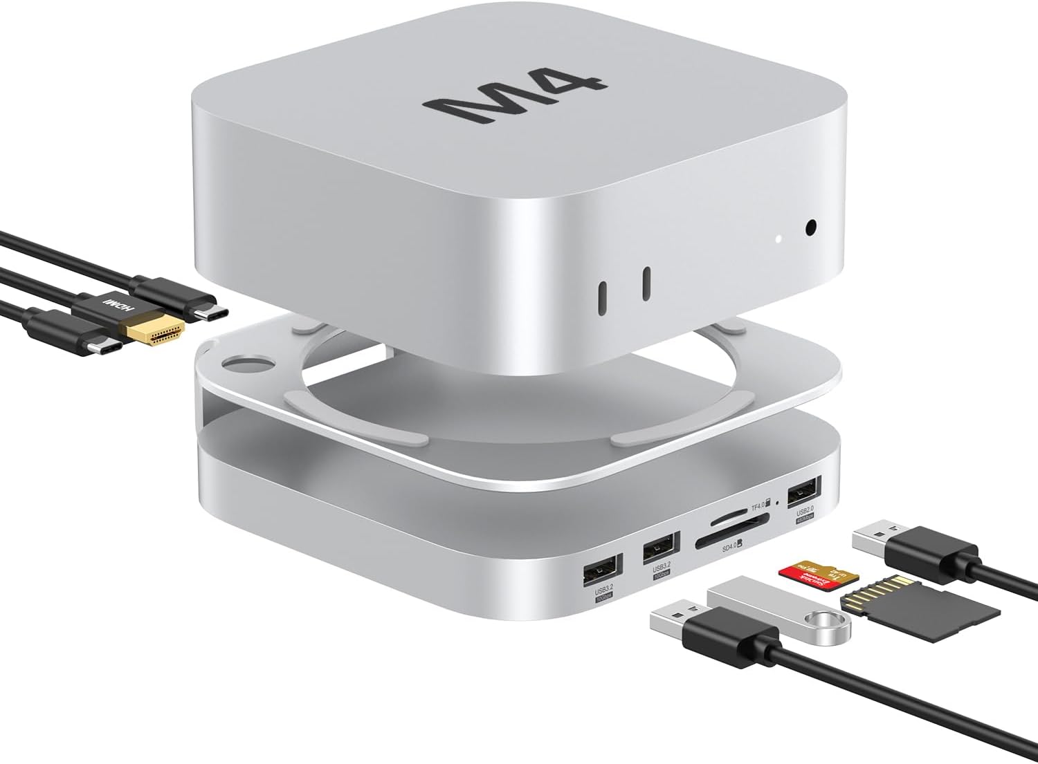 Mac mini-Hub: 10-in-1 Aluminium-Ständer und Dock für Mac mini M4 Pro mit M.2 NVMe SSD-Gehäuse, 4K60hz HDMI, 10 Gbit/s USB-A x 2, SD/TF-Kartenleser, USB 2.0
