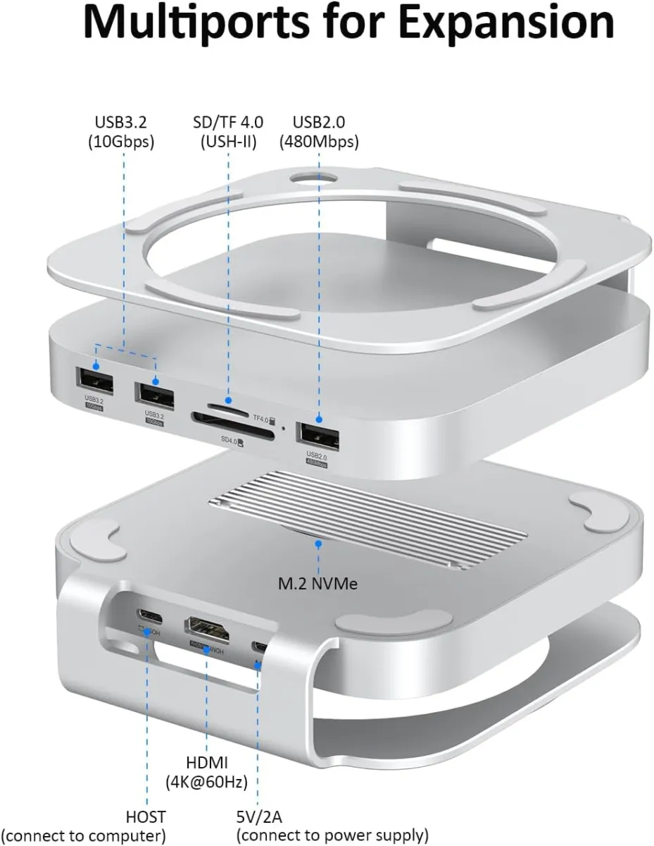 Mac mini-Hub: 10-in-1 Aluminium-Ständer und Dock für Mac mini M4 Pro mit M.2 NVMe SSD-Gehäuse, 4K60hz HDMI, 10 Gbit/s USB-A x 2, SD/TF-Kartenleser, USB 2.0 — Bild 2