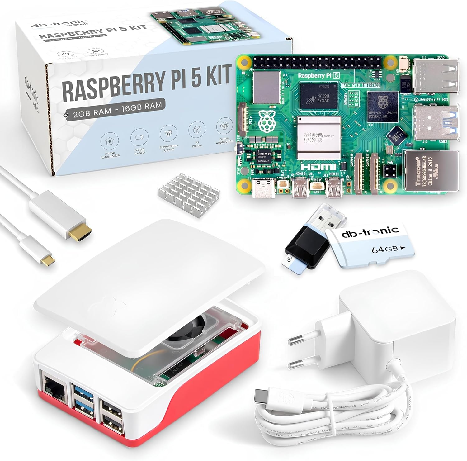 Raspberry Pi 5 1GB Starter-Kit | 64GB Edition | 27W Netzteil | Gehäuse mit Lüfter | 4K Micro HDMI Kabel 1m | Ideal für Smart Home, Retro Gaming und Home Assistant