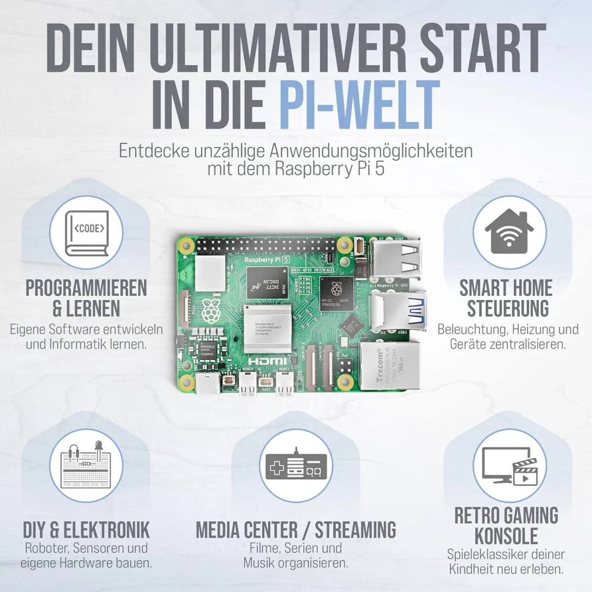 Raspberry Pi 5 1GB Starter-Kit | 64GB Edition | 27W Netzteil | Gehäuse mit Lüfter | 4K Micro HDMI Kabel 1m | Ideal für Smart Home, Retro Gaming und Home Assistant — Bild 9