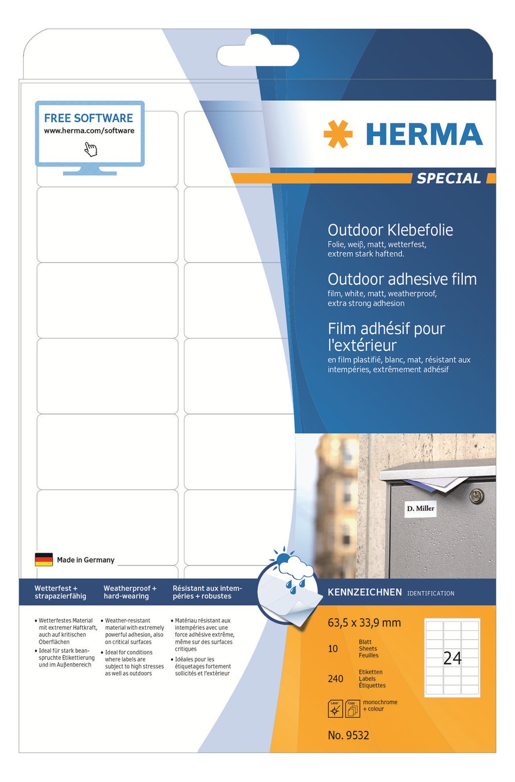 HERMA Special - Polyethylen (PE) - matt - selbstklebend - weiß - 63.5 x 33.9 mm 240 Etikett(en) (10 Bogen x 24)