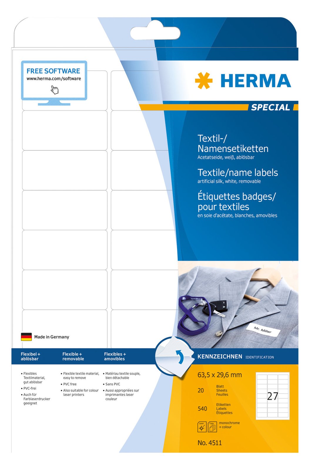 HERMA Special Name labels - Acetatseide - selbstklebend, entfernbarer Klebstoff - weiß - 63.5 x 29.6 mm 540 Etikett(en)