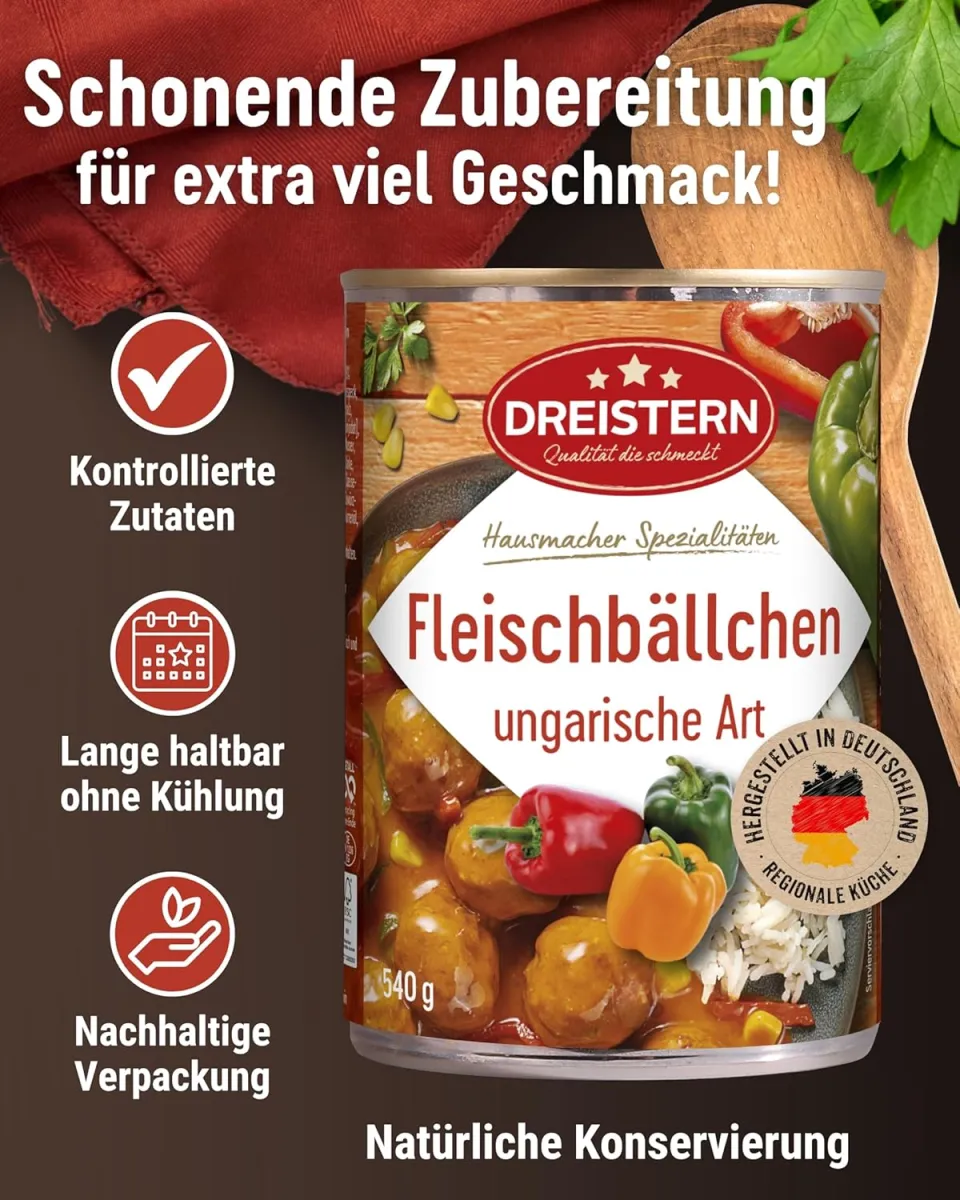 DREISTERN Fleischbällchen 540g I Mit Schweinefleisch in Paprikasauce I Herzhafte Spezialität in recyclebarer Konservendose I Lange Haltbarkeit dank natürlicher Konservierung I Hausmacher Qualität — Bild 2