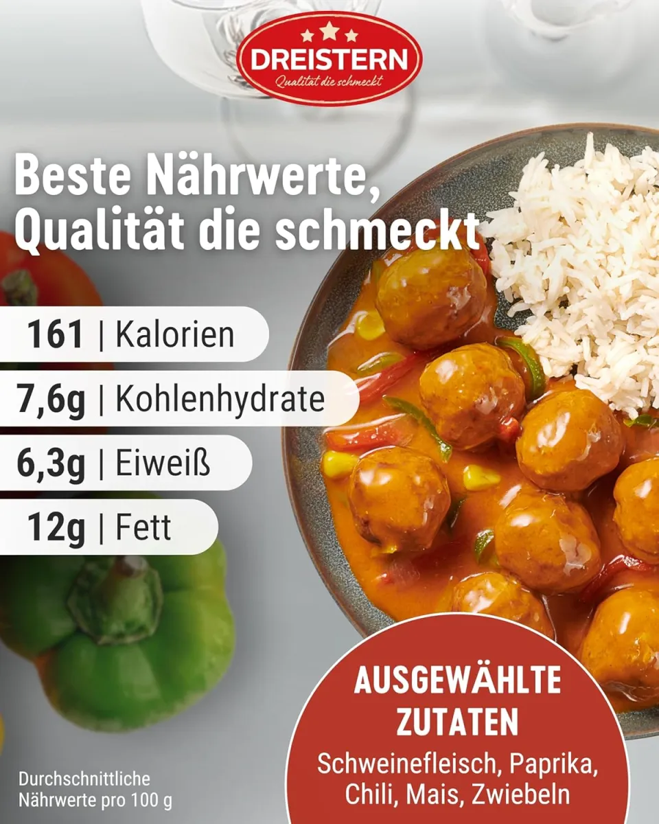 DREISTERN Fleischbällchen 540g I Mit Schweinefleisch in Paprikasauce I Herzhafte Spezialität in recyclebarer Konservendose I Lange Haltbarkeit dank natürlicher Konservierung I Hausmacher Qualität — Bild 3