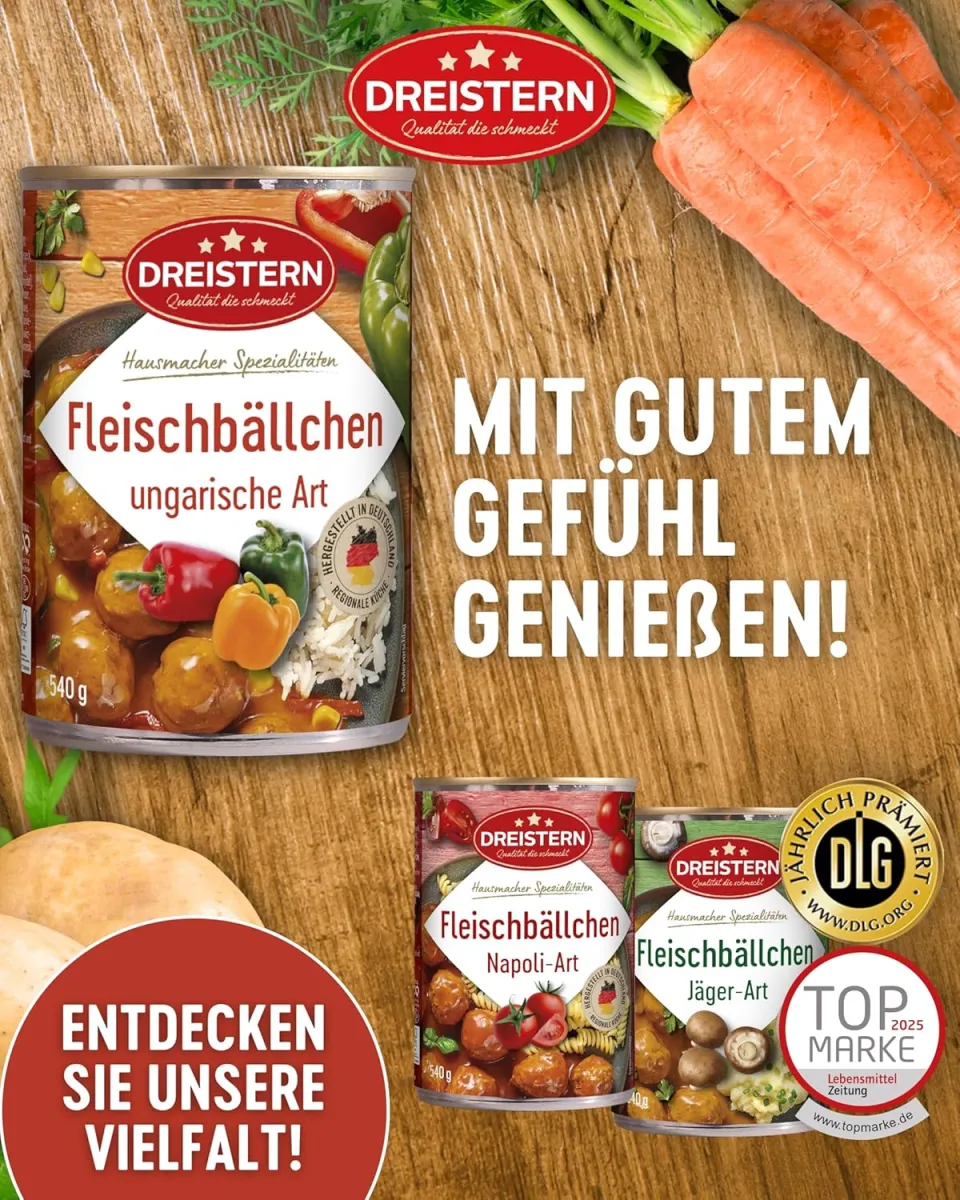 DREISTERN Fleischbällchen 540g I Mit Schweinefleisch in Paprikasauce I Herzhafte Spezialität in recyclebarer Konservendose I Lange Haltbarkeit dank natürlicher Konservierung I Hausmacher Qualität — Bild 4