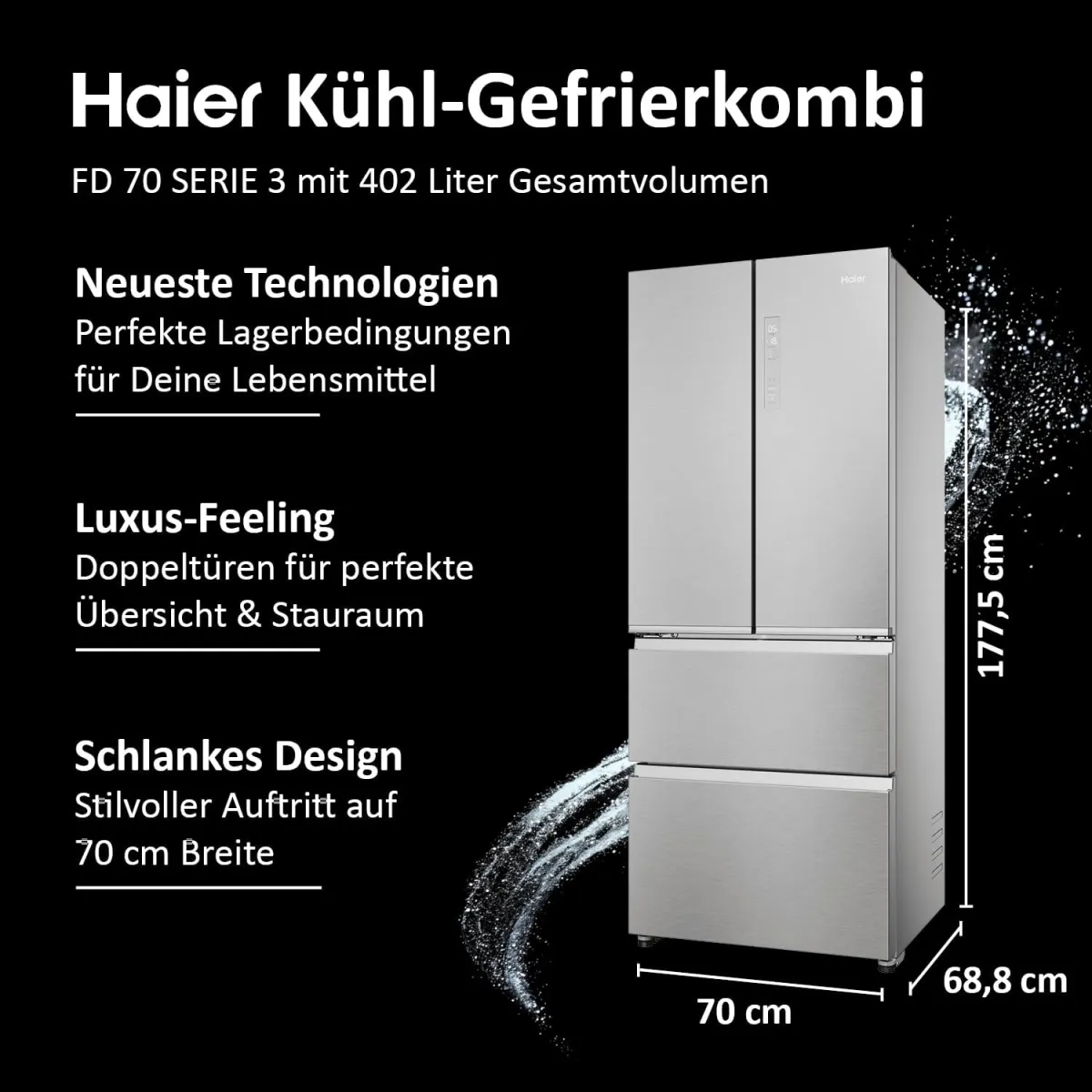 Haier French Door Kühl-Gefrierkombination 70 cm Breite I 402 L French Door Kühlschrank, freistehend I Doppeltür Kühlschrank mit Gefrierfach, No Frost I LED, Touch-Display I FD 70 SERIE 3 HFR3718ENMM — Bild 2