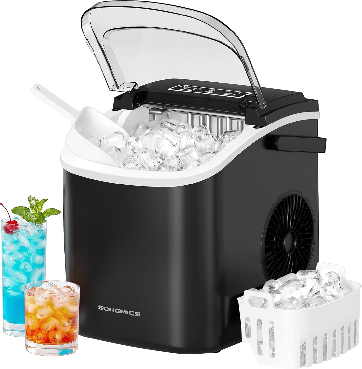 SONGMICS Eiswürfelmaschine, Eiswürfelbereiter, Eismaschine mit Selbstreinigung, in 6 Minuten 9 Würfel in 2 Größen, 12 kg in 24 Stunden, tragbar, Küche, WG, Party, Camping, tintenschwarz XZB001B1EU