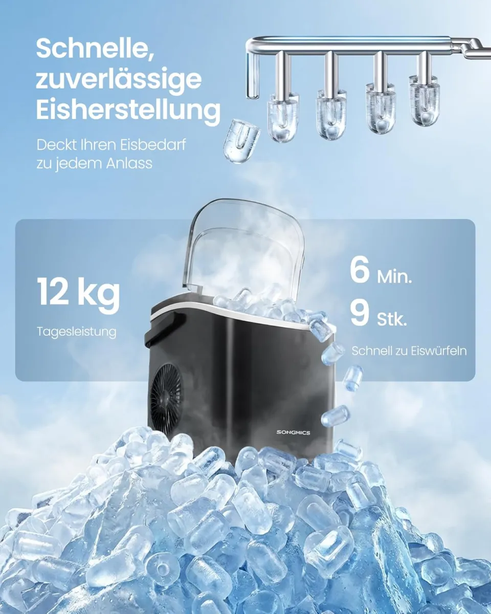 SONGMICS Eiswürfelmaschine, Eiswürfelbereiter, Eismaschine mit Selbstreinigung, in 6 Minuten 9 Würfel in 2 Größen, 12 kg in 24 Stunden, tragbar, Küche, WG, Party, Camping, tintenschwarz XZB001B1EU — Bild 2
