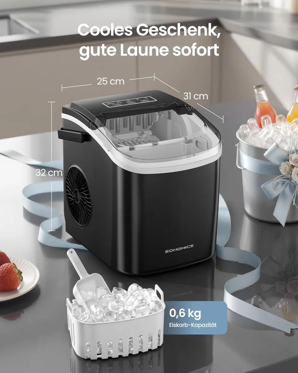 SONGMICS Eiswürfelmaschine, Eiswürfelbereiter, Eismaschine mit Selbstreinigung, in 6 Minuten 9 Würfel in 2 Größen, 12 kg in 24 Stunden, tragbar, Küche, WG, Party, Camping, tintenschwarz XZB001B1EU — Bild 4
