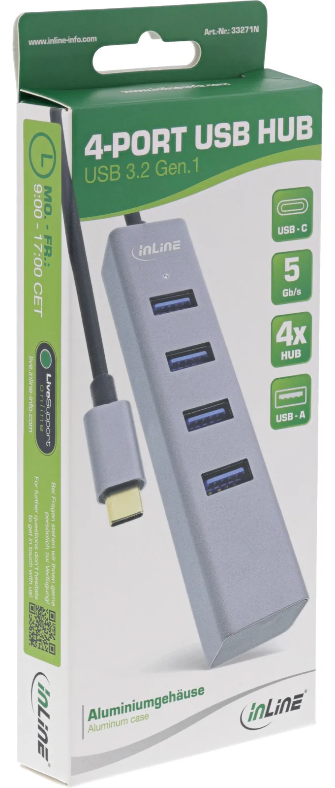 InLine USB-C 3.2 Multi Hub (4x USB-A 5Gb/s) - OTG - Aluminiumgehäuse, Ansicht 3