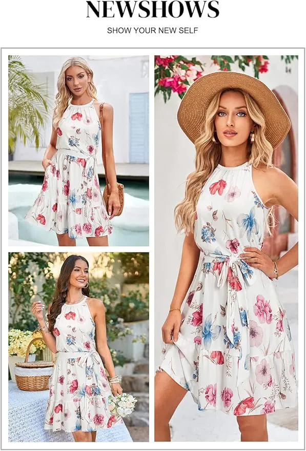 Newshows Sommerkleider Damen Knielang Elegant Kleid Blumenmuster Neckholder Rüschen Freizeitkleider mit Taschen — Bild 2