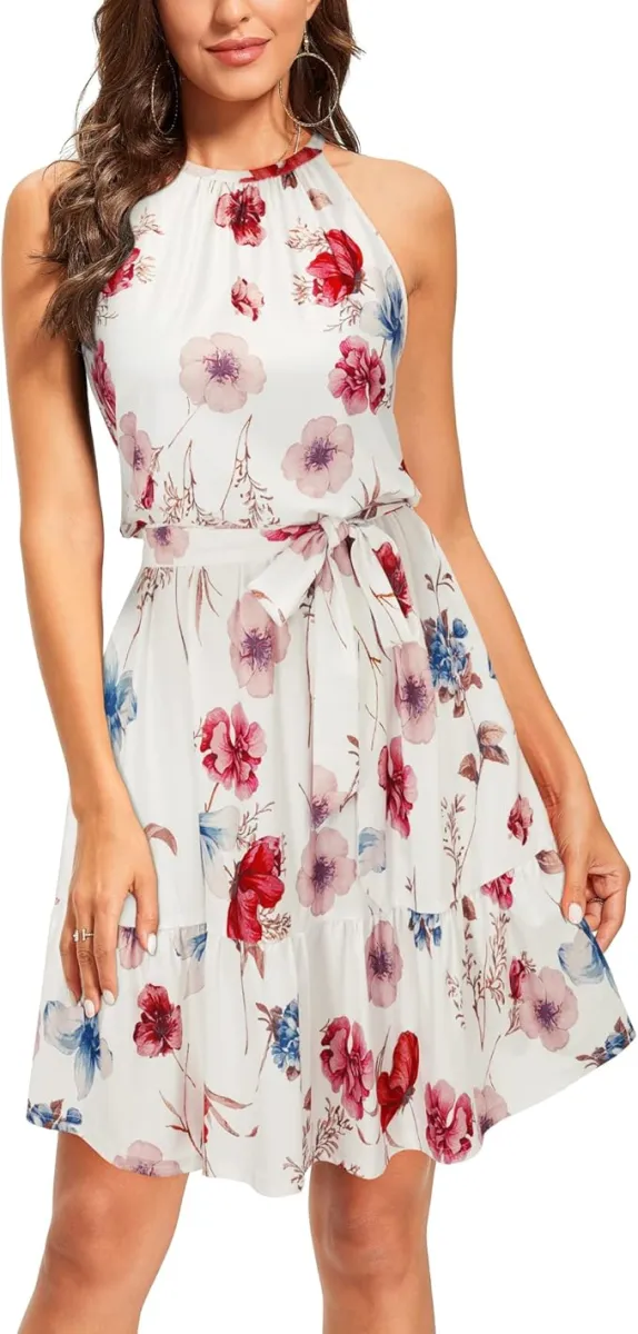 Newshows Sommerkleider Damen Knielang Elegant Kleid Blumenmuster Neckholder Rüschen Freizeitkleider mit Taschen — Bild 3