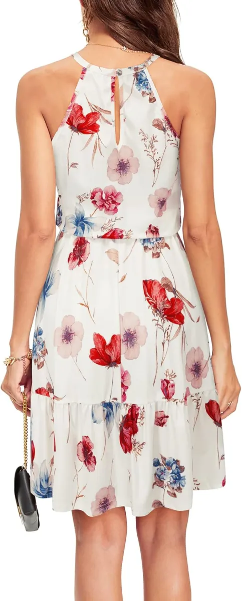 Newshows Sommerkleider Damen Knielang Elegant Kleid Blumenmuster Neckholder Rüschen Freizeitkleider mit Taschen — Bild 4