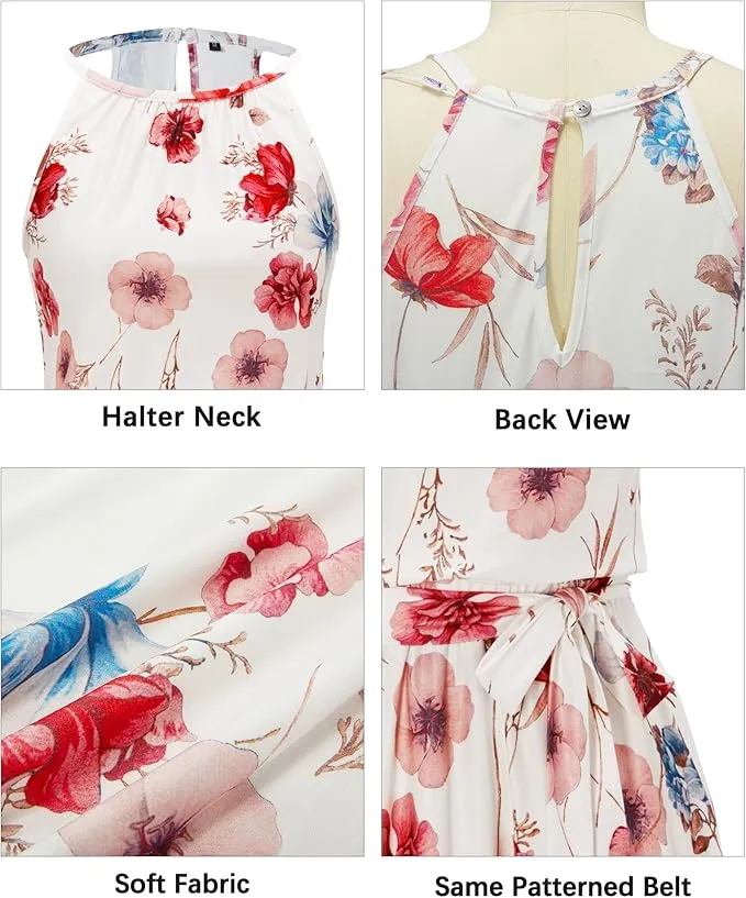 Newshows Sommerkleider Damen Knielang Elegant Kleid Blumenmuster Neckholder Rüschen Freizeitkleider mit Taschen — Bild 5