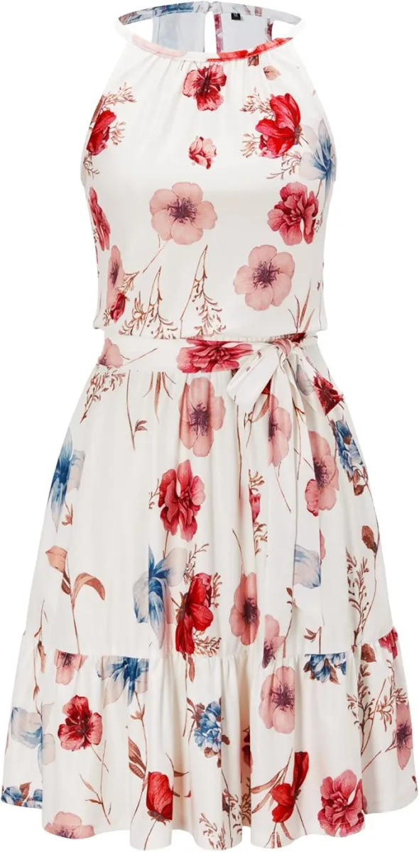 Newshows Sommerkleider Damen Knielang Elegant Kleid Blumenmuster Neckholder Rüschen Freizeitkleider mit Taschen — Bild 6