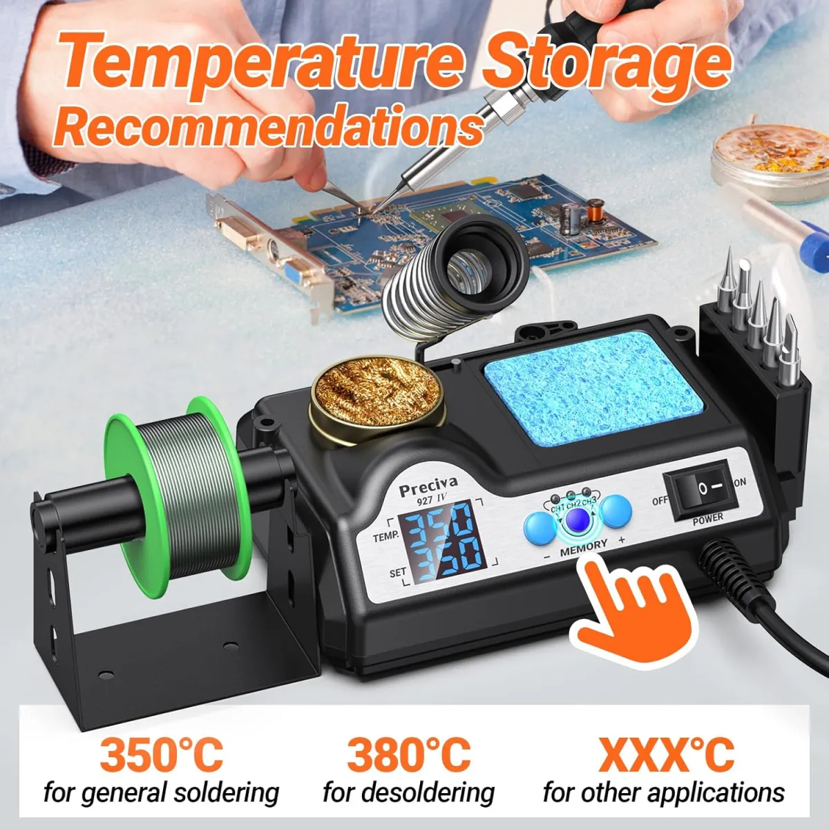Lötstation, Preciva 927 IV 60W Lötkolben mit 2 helfenden Hände und Lupe Displayanzeige, Temperatur einstellbar 90~480°C, Standby-Modus Lötset für Hobbylöten — Bild 4