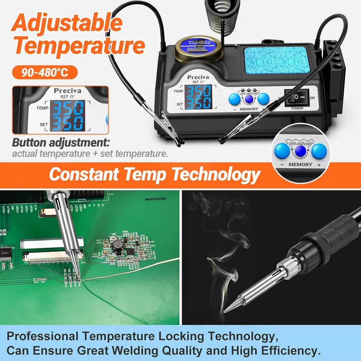 Lötstation, Preciva 927 IV 60W Lötkolben mit 2 helfenden Hände und Lupe Displayanzeige, Temperatur einstellbar 90~480°C, Standby-Modus Lötset für Hobbylöten — Bild 5