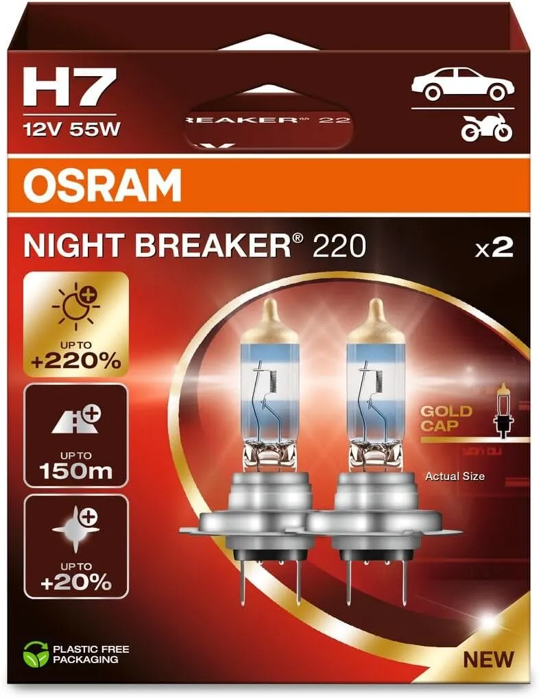 Osram NIGHT BREAKER 220, H7, +220% mehr Helligkeit, Halogen-Scheinwerferlampe, 64210NB220-2HB, Faltschachtel (2 Lampen)