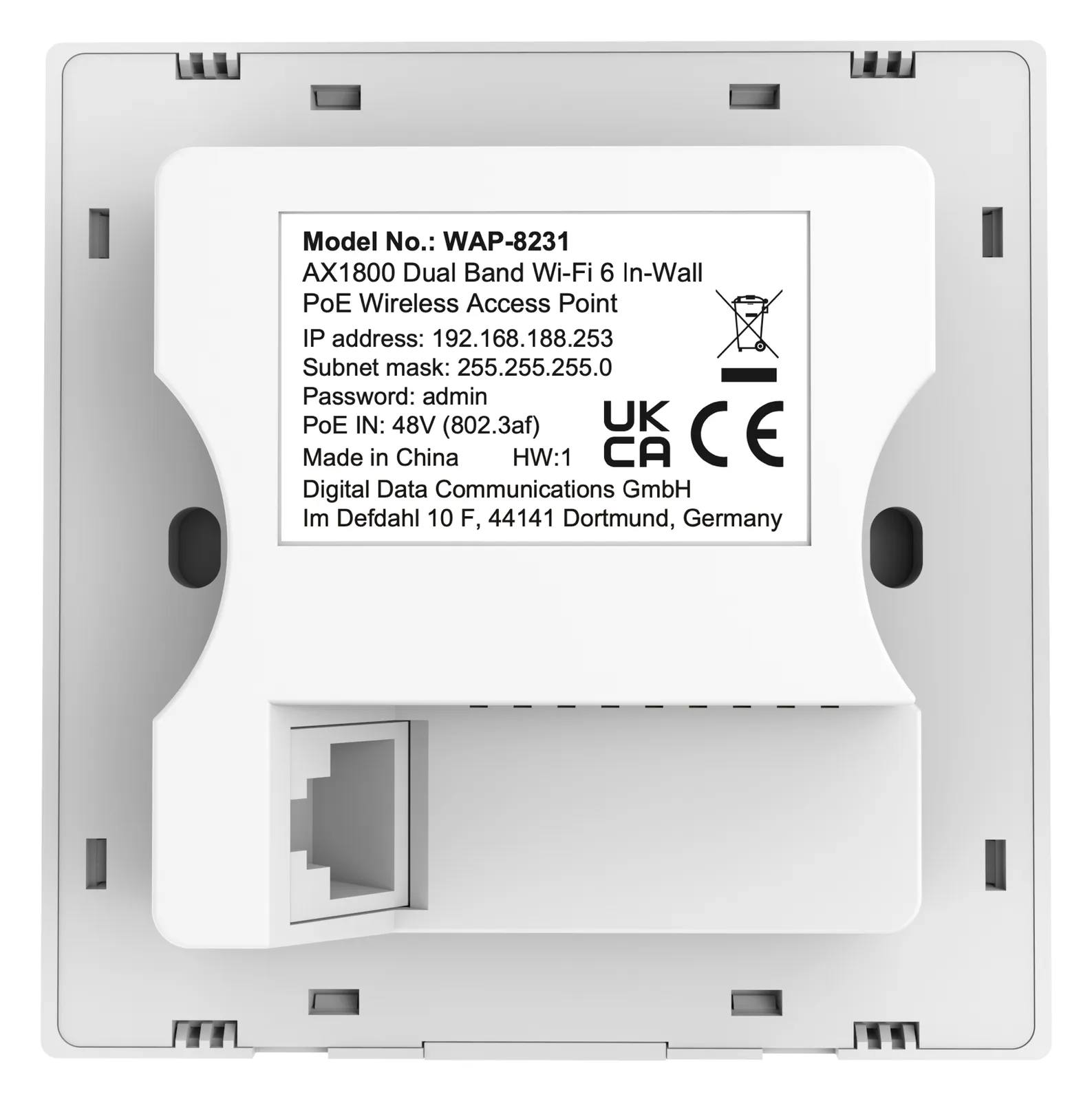 LevelOne AX1800 Dual-Band Wi-Fi 6 In-Wall PoE Wireless Access Point - 2,4 GHz - 5 GHz - 1800 Mbit/s - WPA2-AES - WPA3, Ansicht 4