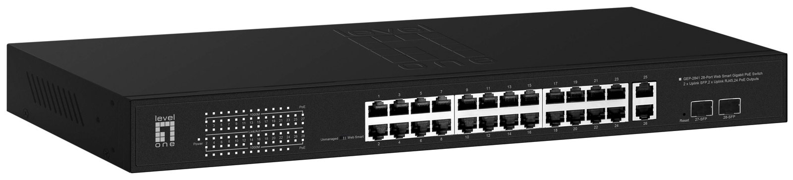 LevelOne Switch 24x GE GEP-2841 2xGSFP 19 370W 24xPoE+ - Switch - Kupferdraht