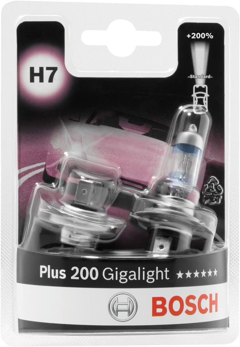 Bosch H7 Plus 200 Gigalight Halogen-Glühlampe für Auto-Scheinwerfer, 12 V 55 W, 200% mehr Licht - Lampensockel Typ PX26d - 2er-Pack Ersatz-Scheinwerferlampen