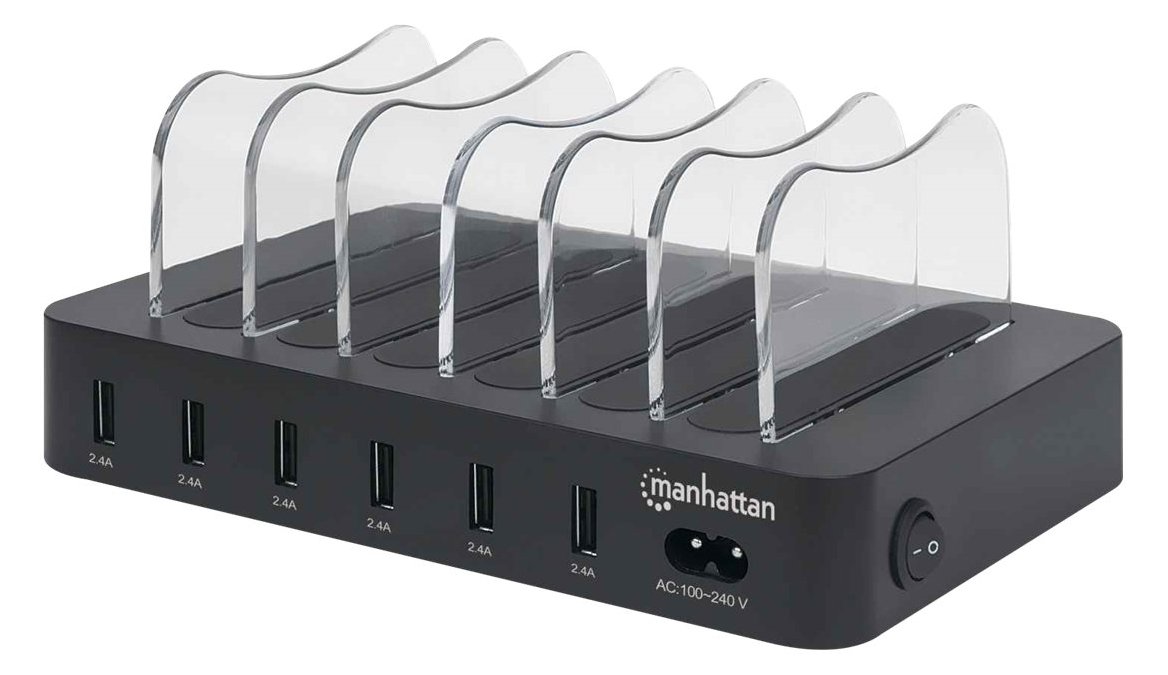 Manhattan Charging Station, 6x USB-A Ports, Outputs: 6x 2.4A, Smart IC, LED Indicator Lights, Black, Three Year Warranty