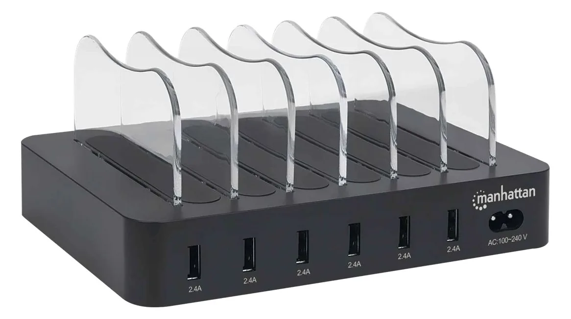 Manhattan Charging Station, 6x USB-A Ports, Outputs: 6x 2.4A, Smart IC, LED Indicator Lights, Black, Three Year Warranty, Ansicht 3