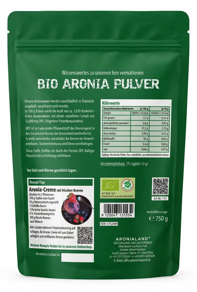 Bio Aronia Pulver 750g (645mg OPC/ TL) — Bild 2
